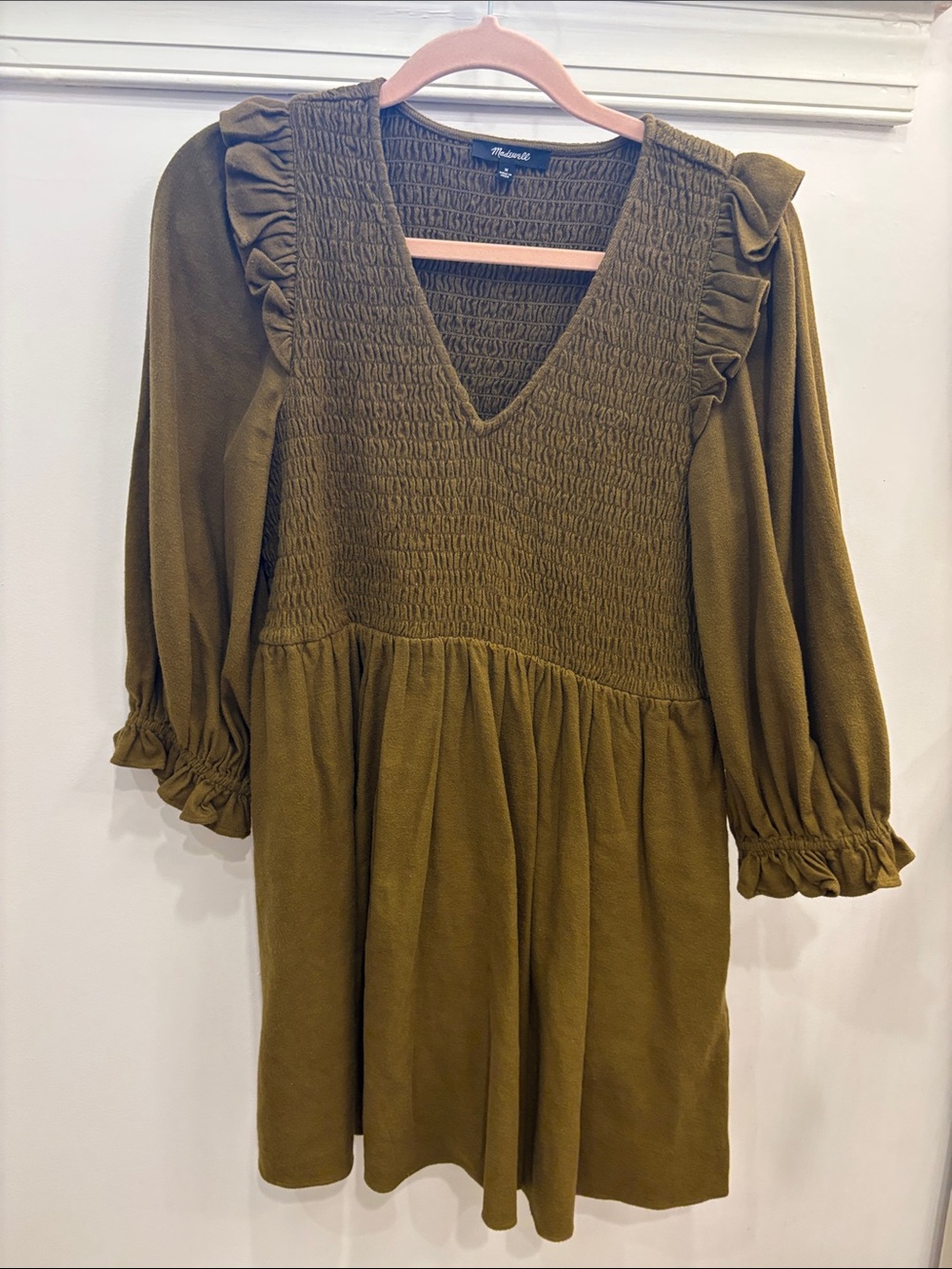 Madewell Olive Green Smocked V-Neck Ruffle Sleeve Mini Dress